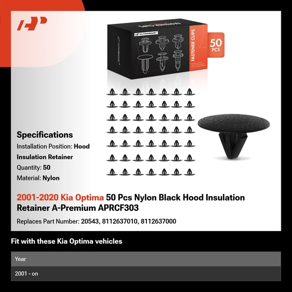 2001-2020 Kia Optima 50 Pcs Nylon Black Hood Insulation Retainer A-Premium APRCF303
