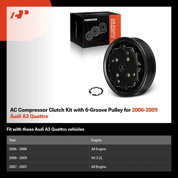 AC Compressor Clutch Kit with 6-Groove Pulley for 2006-2009 Audi A3 Quattro