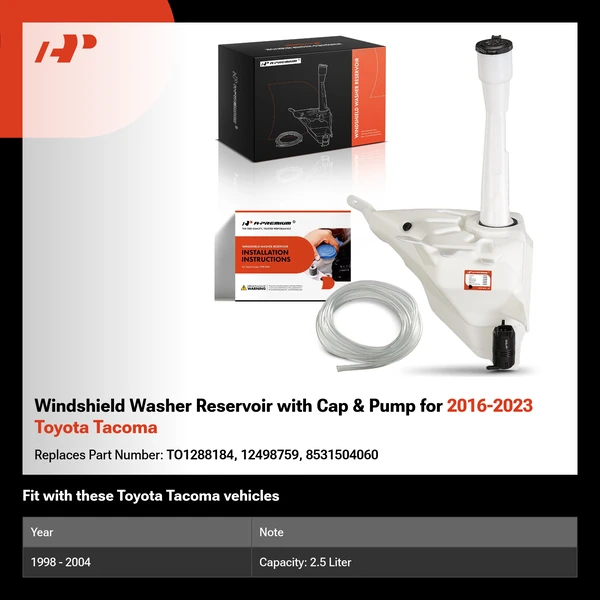 Windshield Washer Reservoir with Cap & Pump for 2016-2023 Toyota Tacoma