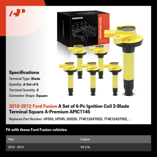 2010-2012 Ford Fusion A Set of 6-Pc Ignition Coil 2-Blade Terminal Square A-Premium APIC1145