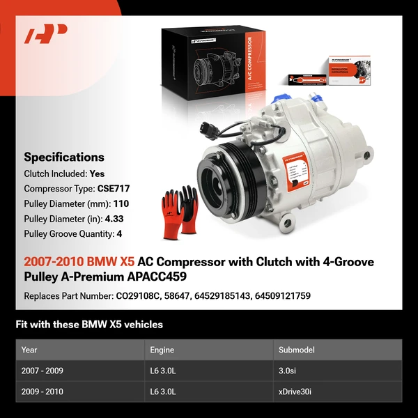 2007-2010 BMW X5 AC Compressor with Clutch with 4-Groove Pulley A-Premium APACC459