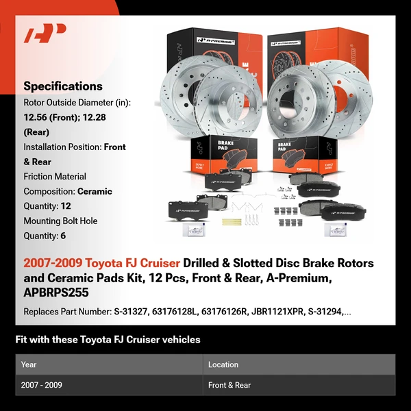 2007-2009 Toyota FJ Cruiser Drilled & Slotted Disc Brake Rotors and Ceramic Pads Kit, 12 Pcs, Front & Rear, A-Premium, APBRPS255