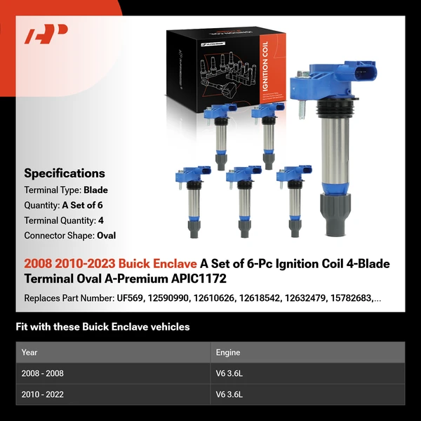2008 2010-2023 Buick Enclave A Set of 6-Pc Ignition Coil 4-Blade Terminal Oval A-Premium APIC1172