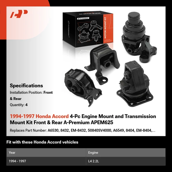 1994-1997 Honda Accord 4-Pc Engine Mount and Transmission Mount Kit Front & Rear A-Premium APEM625