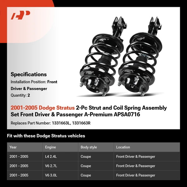 2001-2005 Dodge Stratus 2-Pc Strut and Coil Spring Assembly Set Front Driver & Passenger A-Premium APSA0716