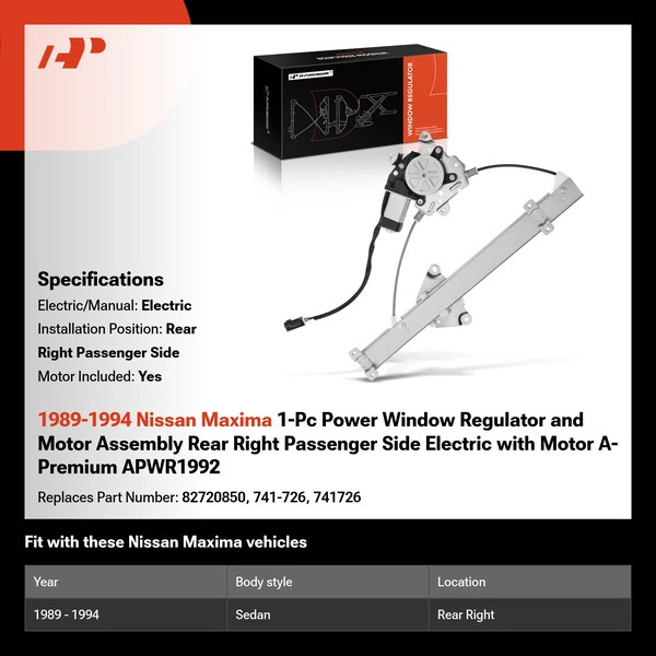 1989-1994 Nissan Maxima 1-Pc Power Window Regulator and Motor Assembly Rear Right Passenger Side Electric with Motor A-Premium APWR1992