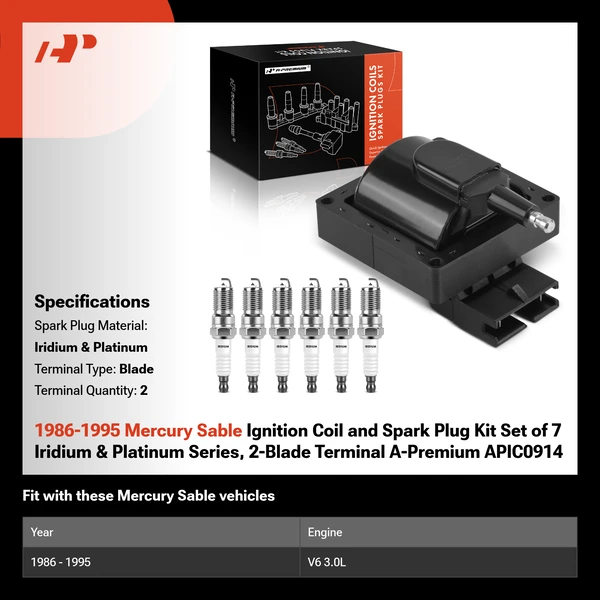 1986-1995 Mercury Sable Ignition Coil and Spark Plug Kit Set of 7 Iridium & Platinum Series, 2-Blade Terminal A-Premium APIC0914