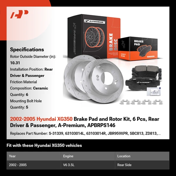 2002-2005 Hyundai XG350 Brake Pad and Rotor Kit, 6 Pcs, Rear Driver & Passenger, A-Premium, APBRPS146