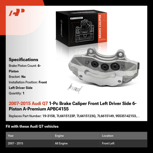 2007-2015 Audi Q7 1-Pc Brake Caliper Front Left Driver Side 6-Piston A-Premium APBC4155