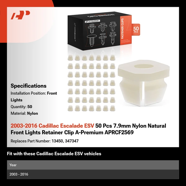 2003-2016 Cadillac Escalade ESV 50 Pcs 7.9mm Nylon Natural Front Lights Retainer Clip A-Premium APRCF2569