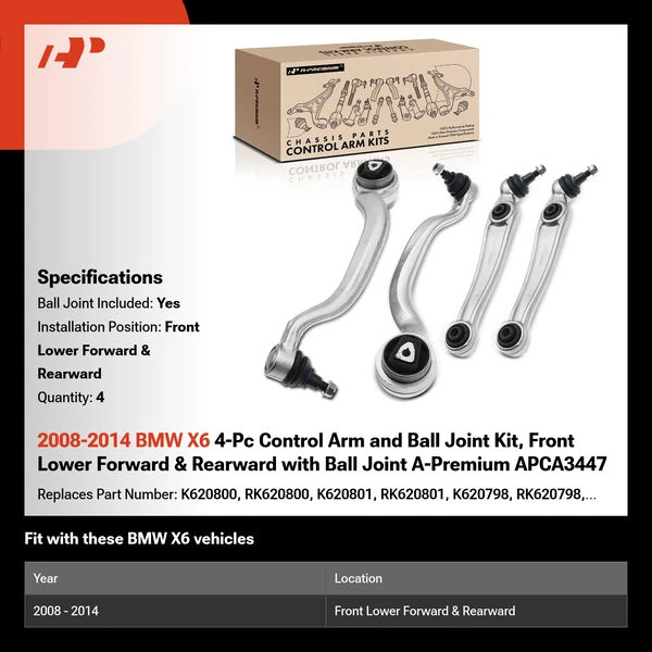 2008-2014 BMW X6 4-Pc Control Arm and Ball Joint Kit, Front Lower Forward & Rearward with Ball Joint A-Premium APCA3447