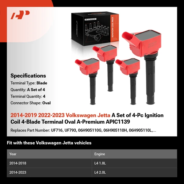 2014-2019 2022-2023 Volkswagen Jetta A Set of 4-Pc Ignition Coil 4-Blade Terminal Oval A-Premium APIC1139