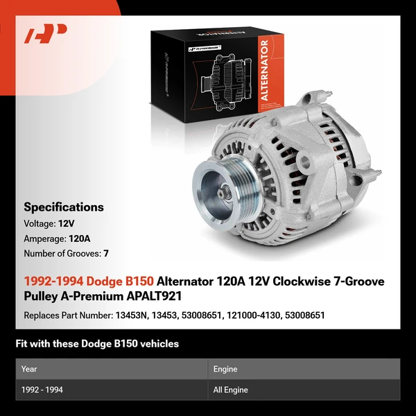 1992-1994 Dodge B150 Alternator 120A 12V Clockwise 7-Groove Pulley A-Premium APALT921