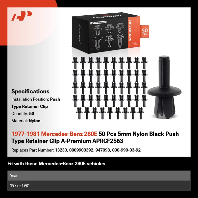 1977-1981 Mercedes-Benz 280E 50 Pcs 5mm Nylon Black Push Type Retainer Clip A-Premium APRCF2563