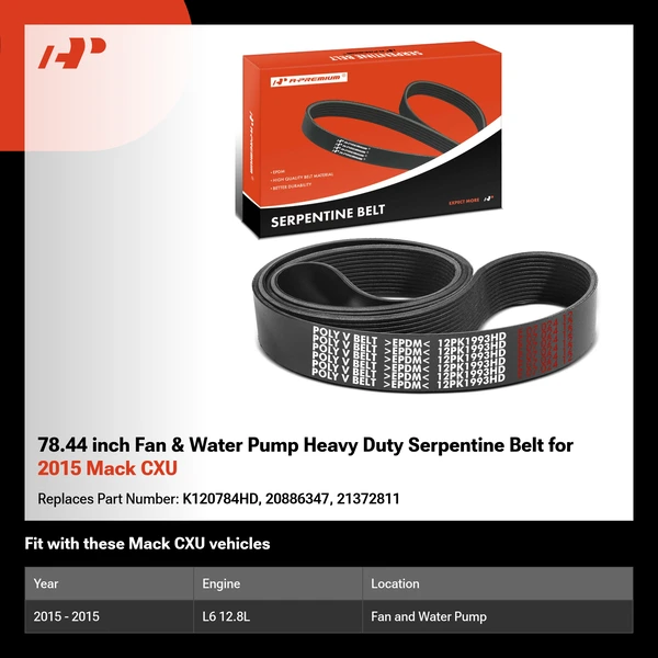 78.44 inch Fan & Water Pump Heavy Duty Serpentine Belt for 2015 Mack CXU