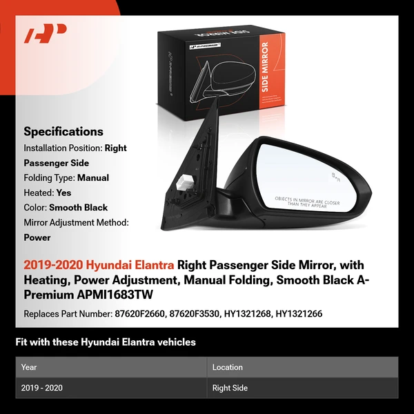 2019-2020 Hyundai Elantra Right Passenger Side Mirror, with Heating, Power Adjustment, Manual Folding, Smooth Black A-Premium APMI1683TW