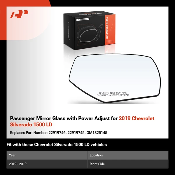 Passenger Mirror Glass with Power Adjust for 2019 Chevrolet Silverado 1500 LD