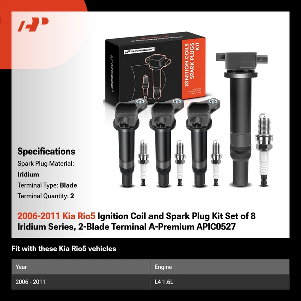 2006-2011 Kia Rio5 Ignition Coil and Spark Plug Kit Set of 8 Iridium Series, 2-Blade Terminal A-Premium APIC0527