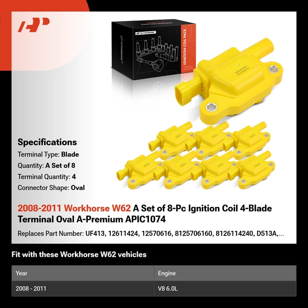 2008-2011 Workhorse W62 A Set of 8-Pc Ignition Coil 4-Blade Terminal Oval A-Premium APIC1074