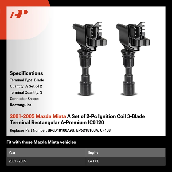 2001-2005 Mazda Miata A Set of 2-Pc Ignition Coil 3-Blade Terminal Rectangular A-Premium IC0120