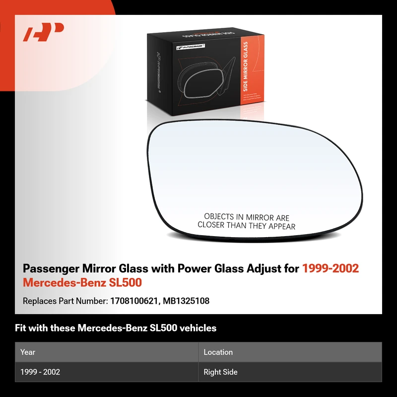 Passenger Mirror Glass with Power Glass Adjust for 1999-2002 Mercedes-Benz SL500