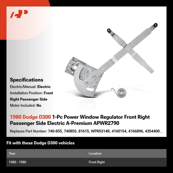 1980 Dodge D300 1-Pc Power Window Regulator Front Right Passenger Side Electric A-Premium APWR2790