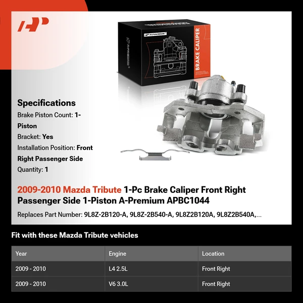 2009-2010 Mazda Tribute 1-Pc Brake Caliper Front Right Passenger Side 1-Piston A-Premium APBC1044
