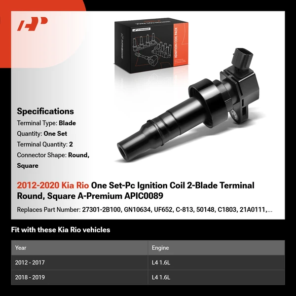 2012-2020 Kia Rio One Set-Pc Ignition Coil 2-Blade Terminal Round, Square A-Premium APIC0089