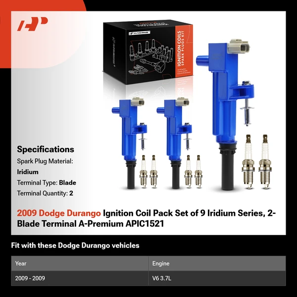 2009 Dodge Durango Ignition Coil Pack Set of 9 Iridium Series, 2-Blade Terminal A-Premium APIC1521