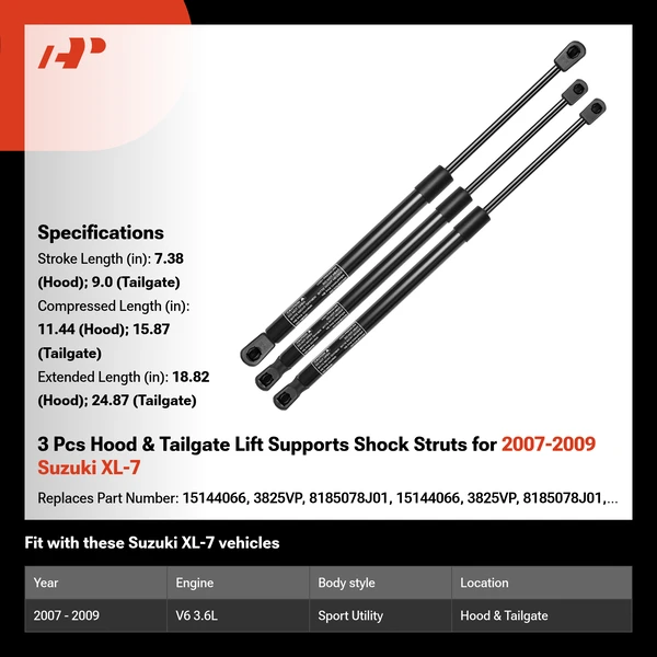 3 Pcs Hood & Tailgate Lift Supports Shock Struts for 2007-2009 Suzuki XL-7