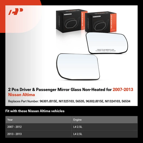 2 Pcs Driver & Passenger Mirror Glass Non-Heated for 2007-2013 Nissan Altima