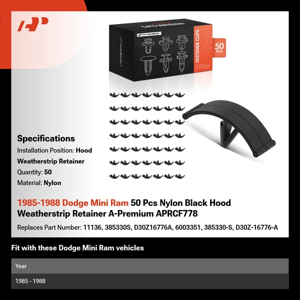 1985-1988 Dodge Mini Ram 50 Pcs Nylon Black Hood Weatherstrip Retainer A-Premium APRCF778