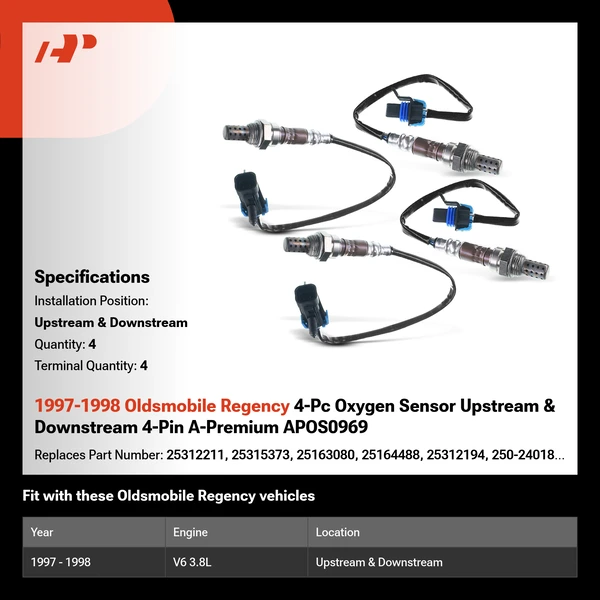 1997-1998 Oldsmobile Regency 4-Pc Oxygen Sensor Upstream & Downstream 4-Pin A-Premium APOS0969
