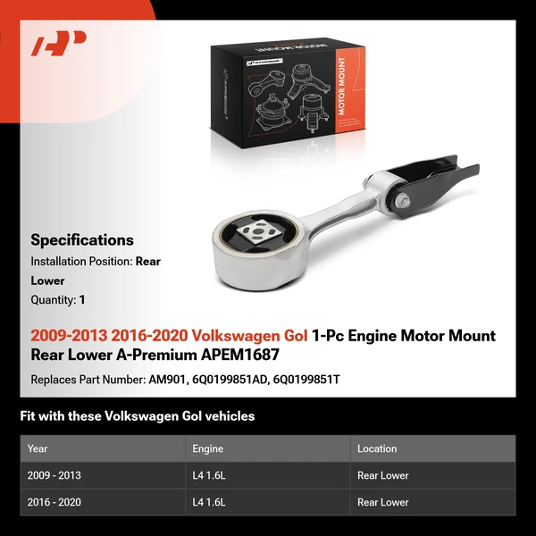 2009-2013 2016-2020 Volkswagen Gol 1-Pc Engine Motor Mount Rear Lower A-Premium APEM1687
