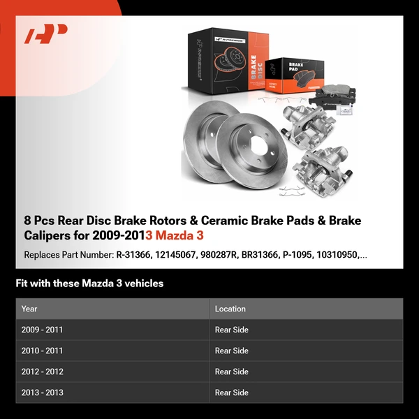 8 Pcs Rear Disc Brake Rotors & Ceramic Brake Pads & Brake Calipers for 2009-2013 Mazda 3