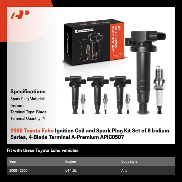 2000 Toyota Echo Ignition Coil and Spark Plug Kit Set of 8 Iridium Series, 4-Blade Terminal A-Premium APIC0507