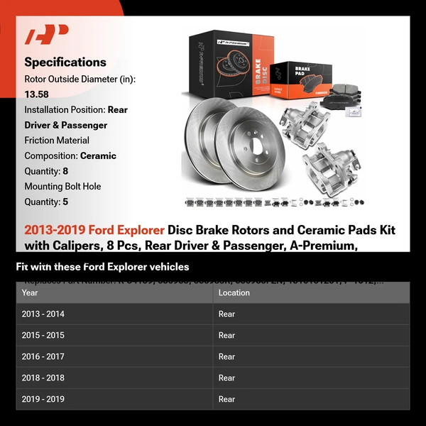 2013-2019 Ford Explorer Disc Brake Rotors and Ceramic Pads Kit with Calipers, 8 Pcs, Rear Driver & Passenger, A-Premium, APBRPR684