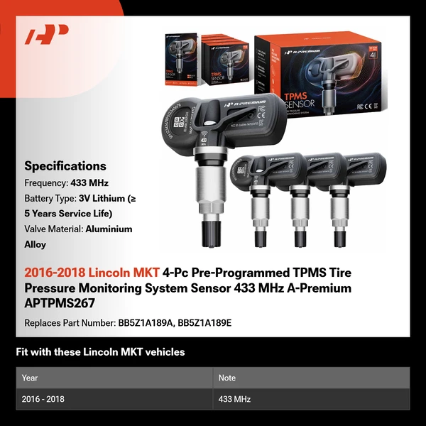 2016-2018 Lincoln MKT 4-Pc Pre-Programmed TPMS Tire Pressure Monitoring System Sensor 433 MHz A-Premium APTPMS267