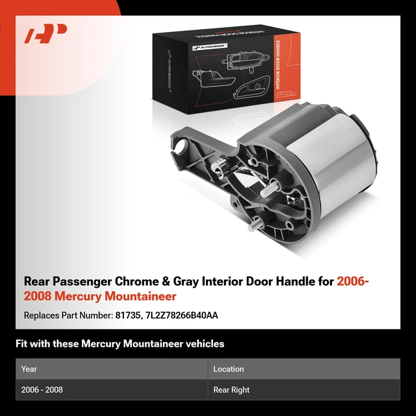 Rear Passenger Chrome & Gray Interior Door Handle for 2006-2008 Mercury Mountaineer