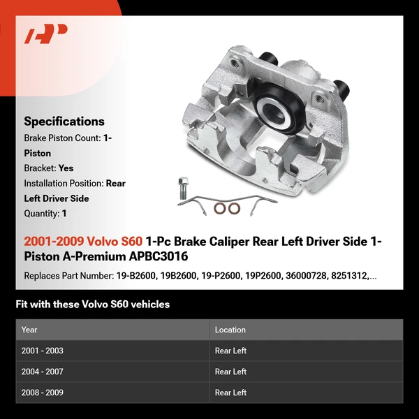 2001-2009 Volvo S60 1-Pc Brake Caliper Rear Left Driver Side 1-Piston A-Premium APBC3016