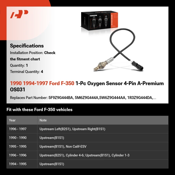 1990 1994-1997 Ford F-350 1-Pc Oxygen Sensor 4-Pin A-Premium OS031