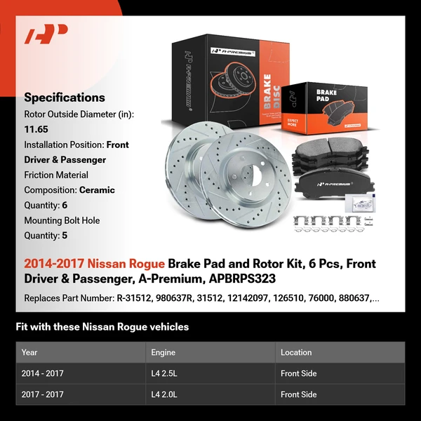2014-2017 Nissan Rogue Brake Pad and Rotor Kit, 6 Pcs, Front Driver & Passenger, A-Premium, APBRPS323