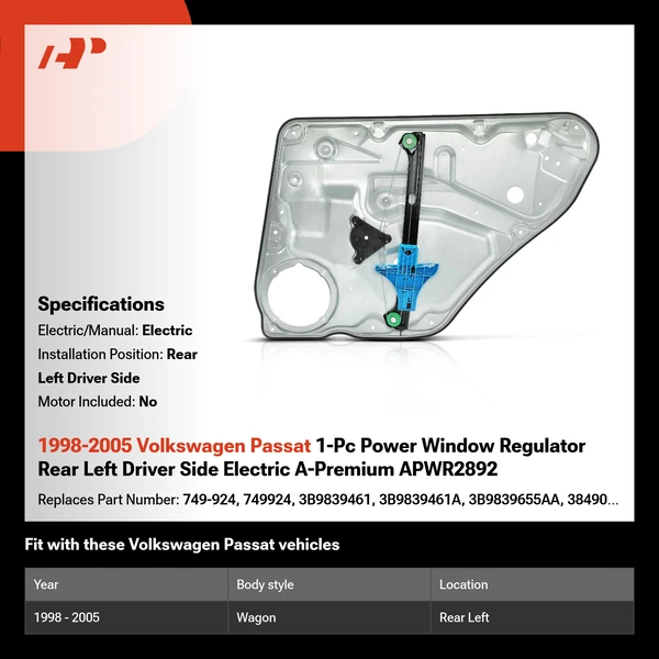 1998-2005 Volkswagen Passat 1-Pc Power Window Regulator Rear Left Driver Side Electric A-Premium APWR2892