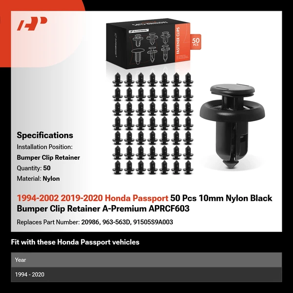 1994-2002 2019-2020 Honda Passport 50 Pcs 10mm Nylon Black Bumper Clip Retainer A-Premium APRCF603