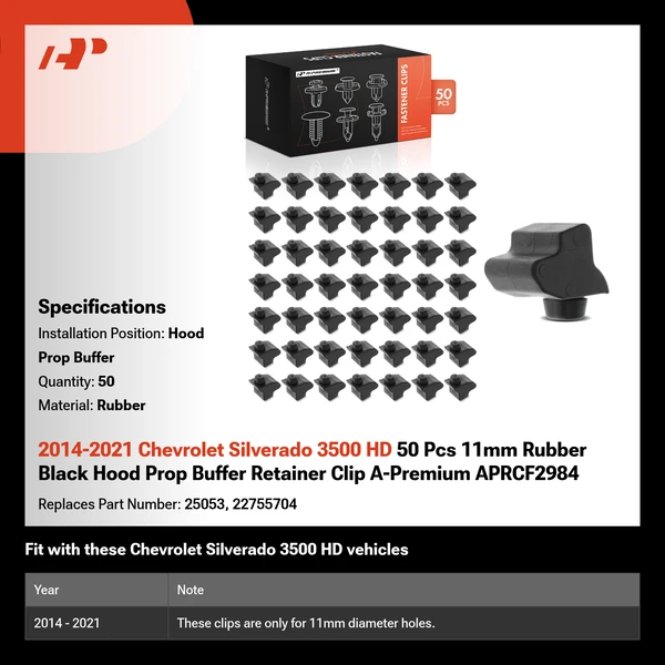 2014-2021 Chevrolet Silverado 3500 HD 50 Pcs 11mm Rubber Black Hood Prop Buffer Retainer Clip A-Premium APRCF2984