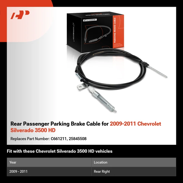 Rear Passenger Parking Brake Cable for 2009-2011 Chevrolet Silverado 3500 HD