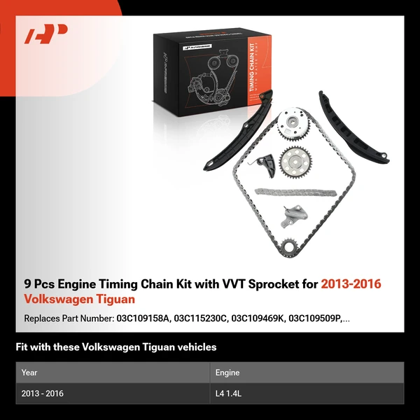 9 Pcs Engine Timing Chain Kit with VVT Sprocket for 2013-2016 Volkswagen Tiguan