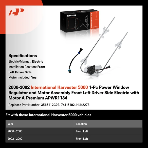 2000-2002 International Harvester 5000 1-Pc Power Window Regulator and Motor Assembly Front Left Driver Side Electric with Motor A-Premium APWR1134