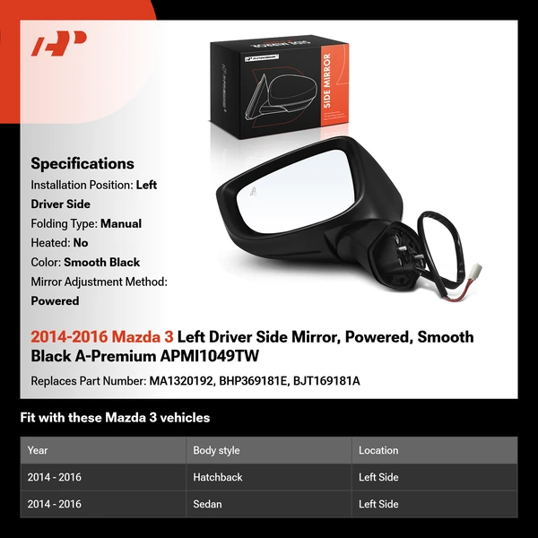 2014-2016 Mazda 3 Left Driver Side Mirror, Powered, Smooth Black A-Premium APMI1049TW