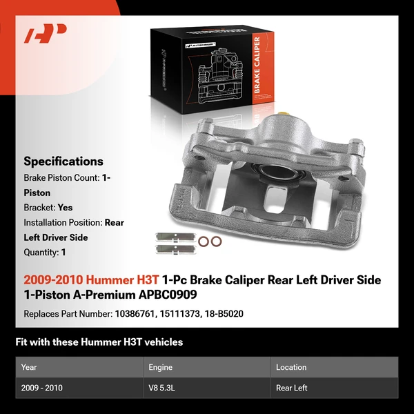 2009-2010 Hummer H3T 1-Pc Brake Caliper Rear Left Driver Side 1-Piston A-Premium APBC0909